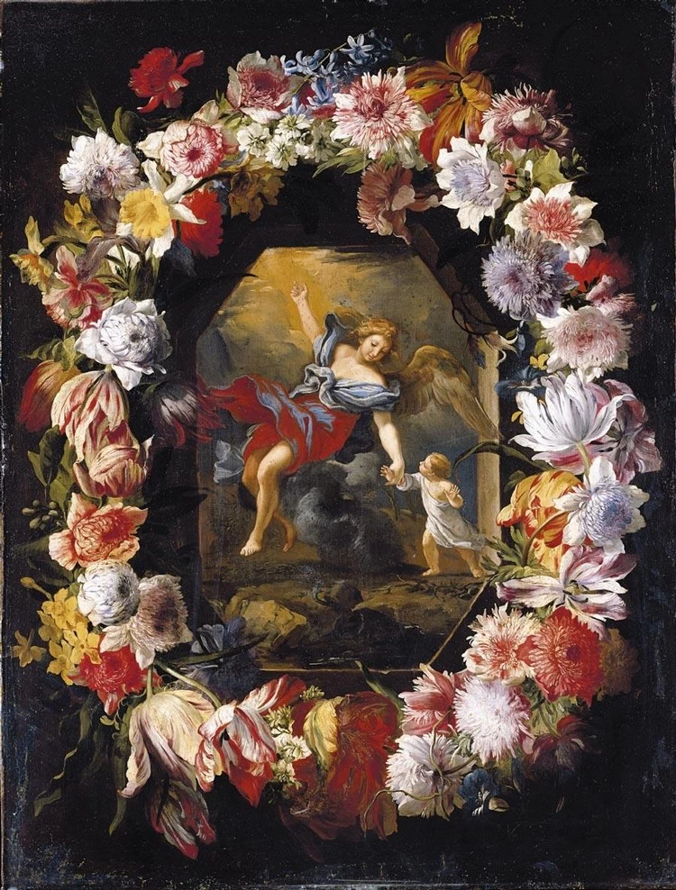 Ghirlanda di fiori con l'angelo custode